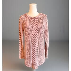 LL Bean Signature Sweater Pink Aran Fisherman Cotton Cable Knit Classic Medium